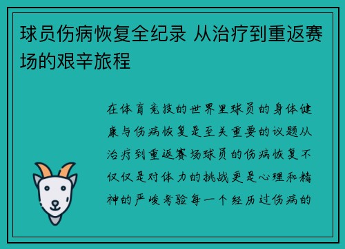 球员伤病恢复全纪录 从治疗到重返赛场的艰辛旅程
