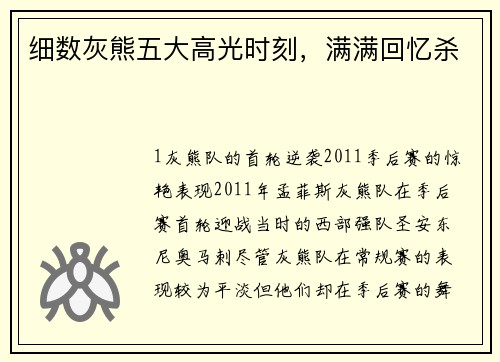 细数灰熊五大高光时刻，满满回忆杀
